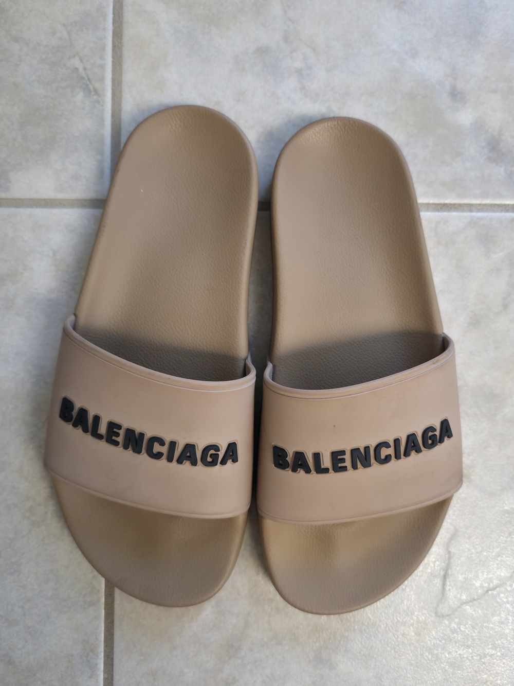 Balenciaga Nude Beige Logo Slide Sandals with Black Lettering